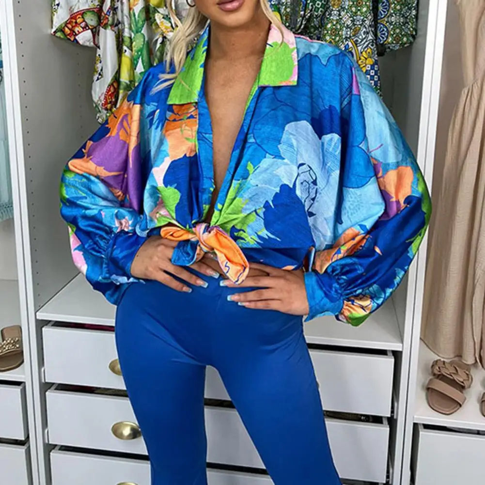 

Print Long Puff Sleeve Women's Shirt Elegant V-neck Floral Office Women Shirts Spring Summer Dropshipping