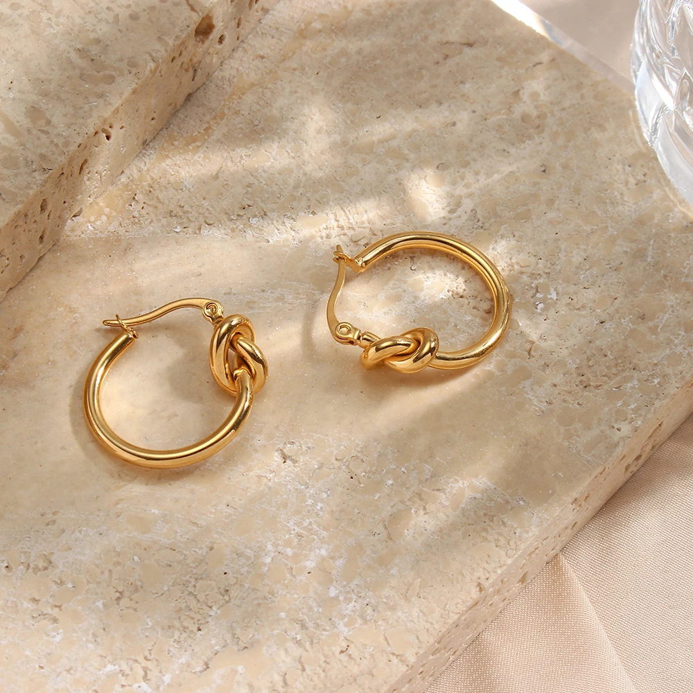 Classical Knot Design Stainless Steel Hoop Earrings For Women Minimalist 18K Gold Plated Round Loop Hoop Earring Jewery For Lady