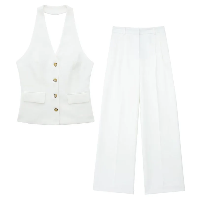 

Женский комплект из двух предметов, новинка 2023, повседневный жилет с воротником-стойкой и открытой спиной, свободный костюм с широкими брюками с завышенной талией