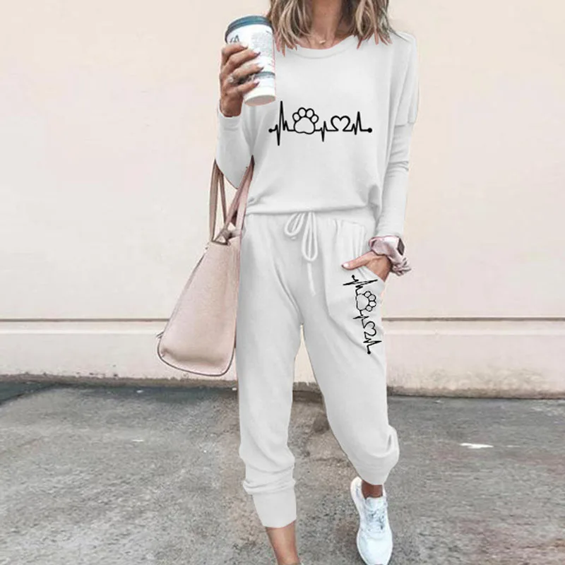

2023 Women's Fashion Women's Printed Solid 2 Piece Set Jogging Suit Casual Pullover Tracksuit Sportswear Long Pants Sweatshirts