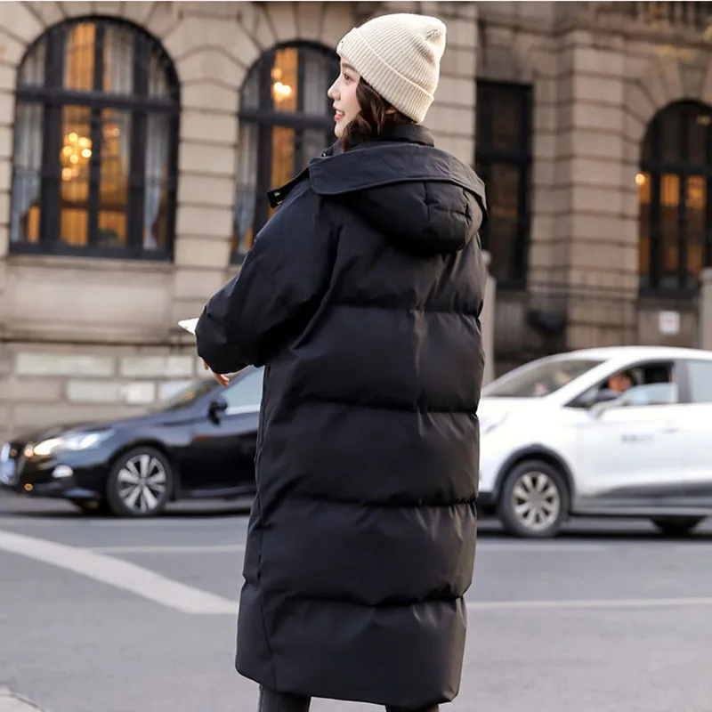 Pakistani Women's Winter Knee Down Cotton Jacket Korean Fashion Zipper Hooded Fashion Jacket Loose Casual Warm Solid Color Cotto