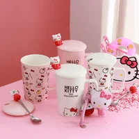 Sanrio Hello Kitty Cute Cartoon Ceramic Cup Creative Gifts With Lid Spoon Water Tea Coffee Breakfast Milk Mugs For Home Office