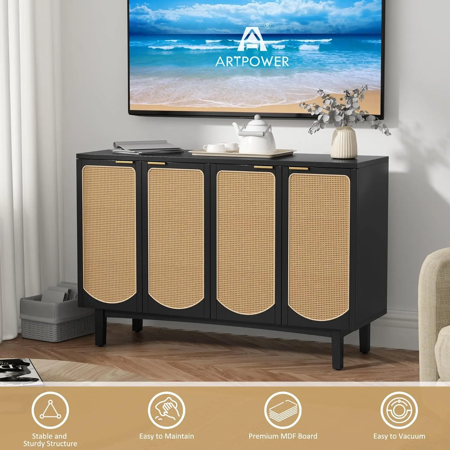 Шкаф-буфет ARTPOWER с 4-мя дверцами из ротанга акцентный шкаф для хранения полками