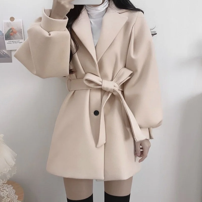 

Женское шерстяное пальто с широкой талией, черное приталенное пальто с отложным воротником и длинным рукавом, Корейская куртка с поясом, Осень-зима 2022