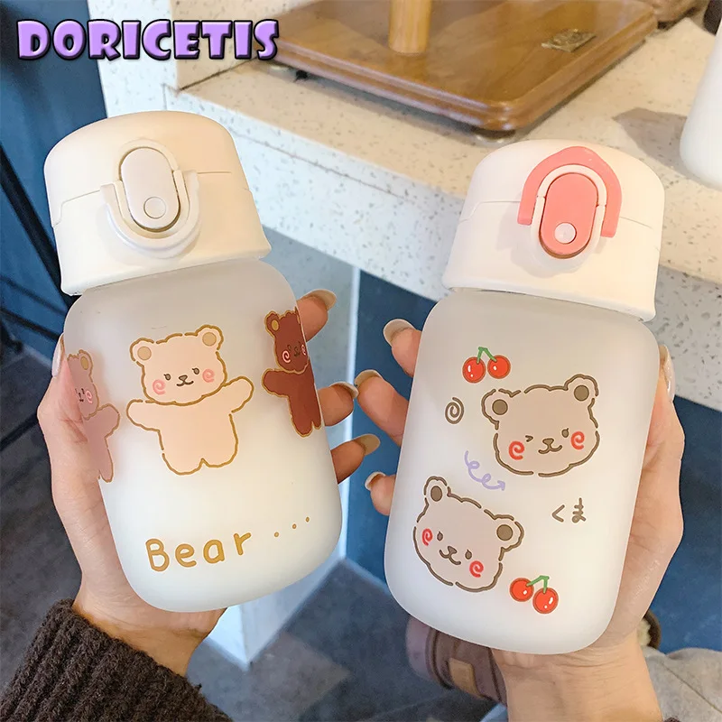 

Baby Drinking Bottle Cute Cartoon Bear Pattern Glass Straw Cup With Spring Cover Children New Outdoor Travel Portable Kettles
