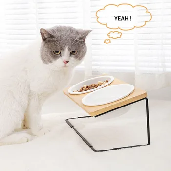 Cat Double Bowl Ceramic Pet Dining Table Feeder with Metal Stand Mat Kitten Puppy Elevated Water Food Feeding Dish Dog Supplies