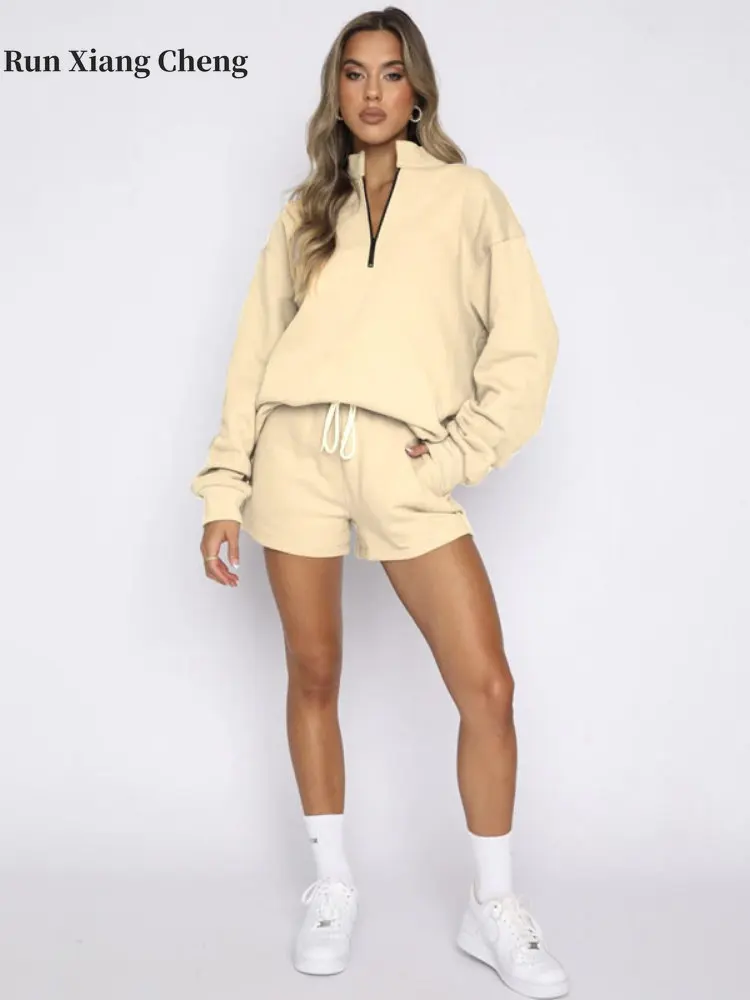 

2023 Summer Outfits for Women New Solid Stand Collar Zipper Pullover 2 piece sets Long Sleeve Sweater Fashion Drawstring Shorts