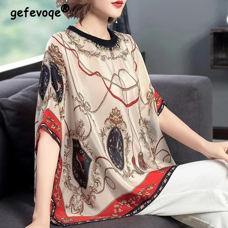 

Women Vintage Print Luxury Design Oversized Elegant Blouses 2023 Summer Fashion Round Neck Short Sleeve Shirts Ladies Tops Ropa