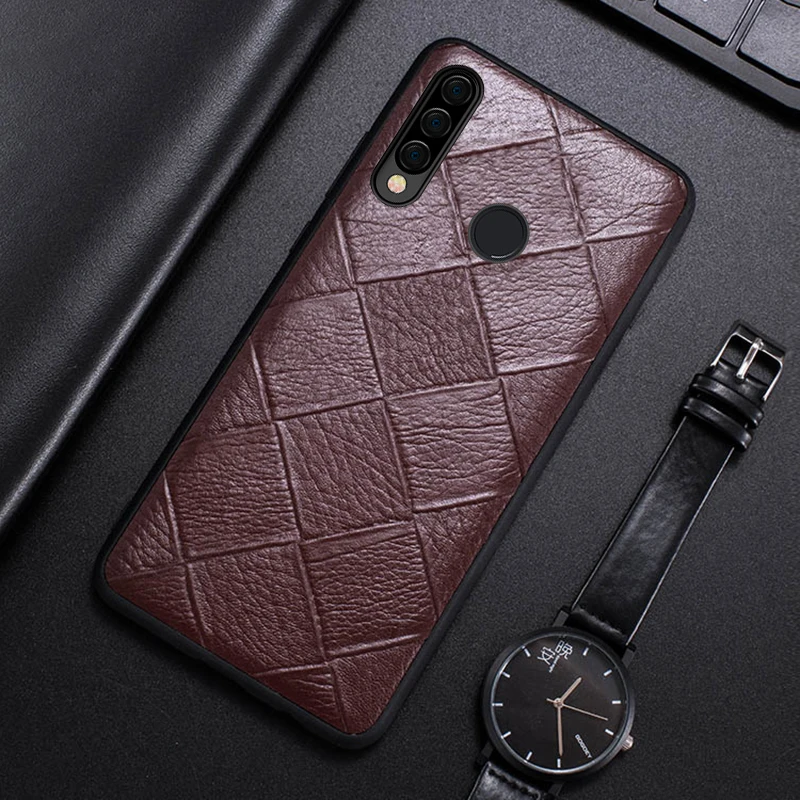 Leather Phone Case For Huawei P50 P30 P40 P20 lite Mate 40 30RS Honor 70 60 50 30 Pro Plus Nova 5T Natural Cowhide Rhombus Cover