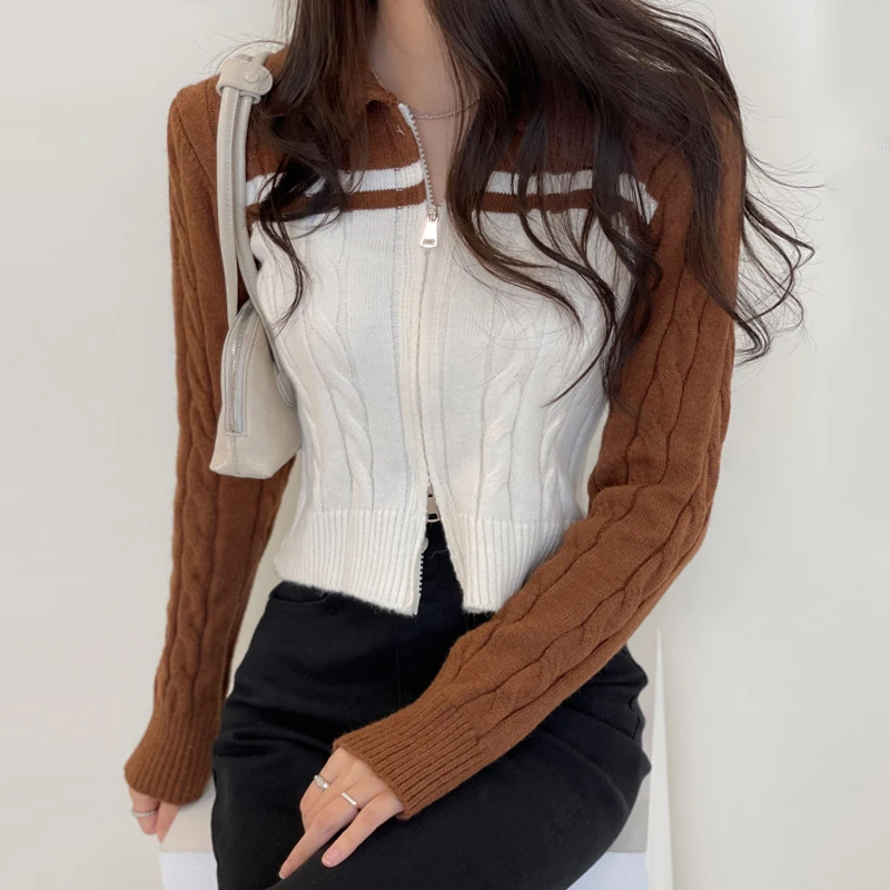 

Vintage Autumn Summer Sweaters For Women Zipper Long Sleeve Turn-down Collar Patchwork Femme Cardigans Casual Chic Woman Sweater