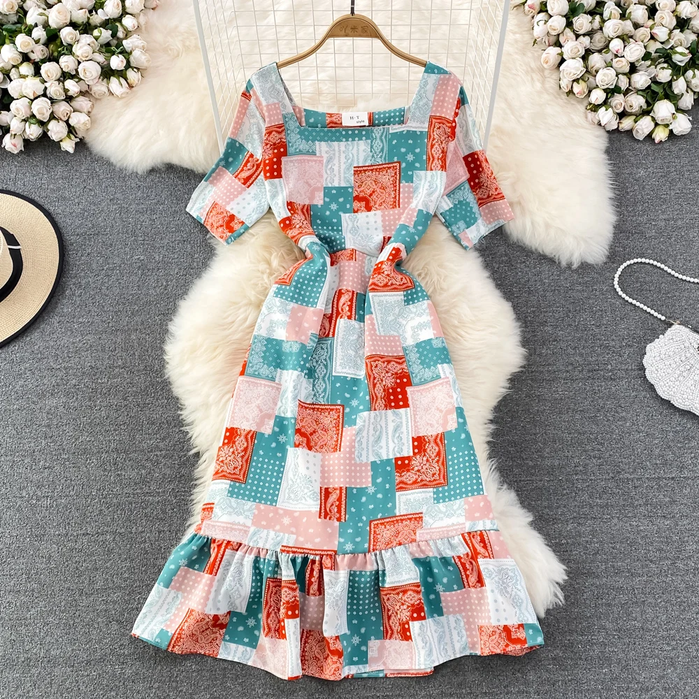 

2022 летнее платье в Корейском стиле, новое платье трапециевидной формы в клетку с короткими рукавами и квадратным воротником на талии