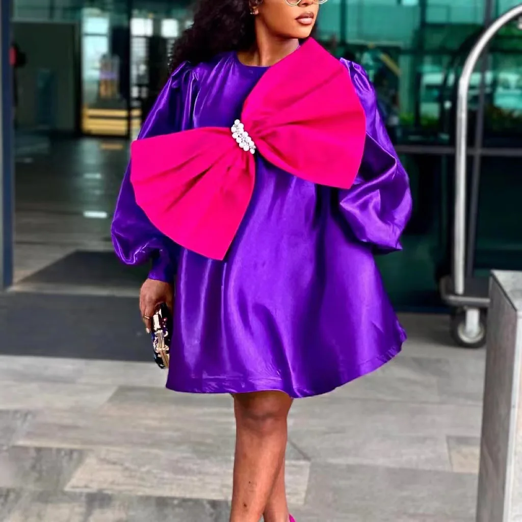 

XL-4XL African Wedding Party Dresses Summer African Women Long Sleeve Polyester Purple Knee-length Dress African Dresses Women