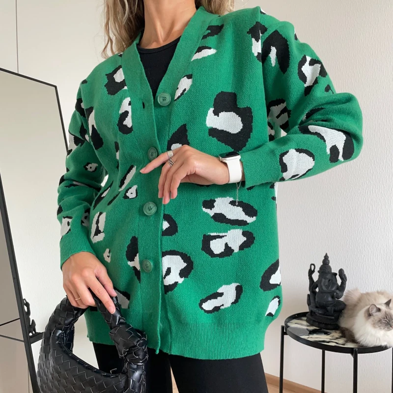 

Жакет вязаный женский, с леопардовым принтом, на осень/весну, 2022