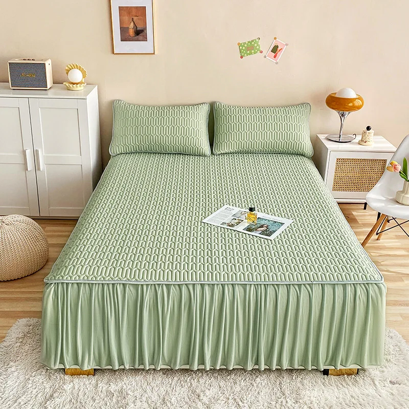 

Summer Fitted Latex Cooler Bed Sheet Set Air-conditioning Soft Mat Bed Skirt Washable Solid Anti-slip Mattress Protector Cover