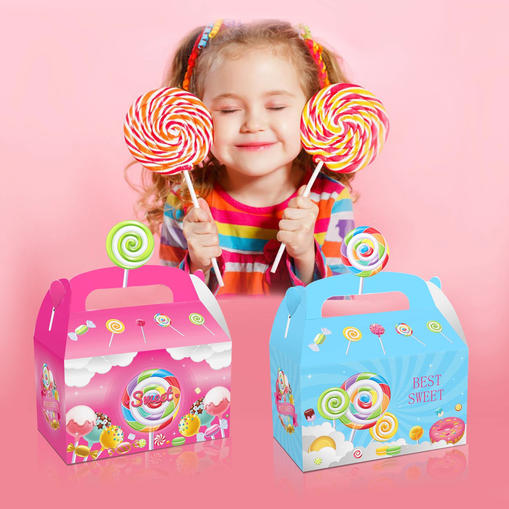 

DD124 4Pcs Sweet Lollipop Candy Donuts Party Favor Box Happy Birthday Party Candy Packing Gift Bags Baby Shower Party Decors