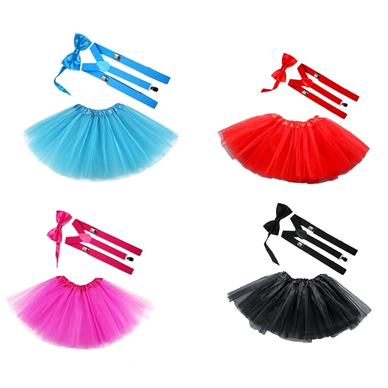 

H9ED Toddler Kids 3 In 1 Party Costume Accessories Set Solid Color 3 Layered Tulle Tutu Skirt with Bow Tie Y-Back Suspender