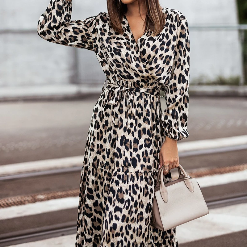 

Leopard Print Lace Up Robe Dress Women Sexy V-neck Long Sleeve Beach Dress Autumn Elegant Office Ladies A-line Dresses Vestidos