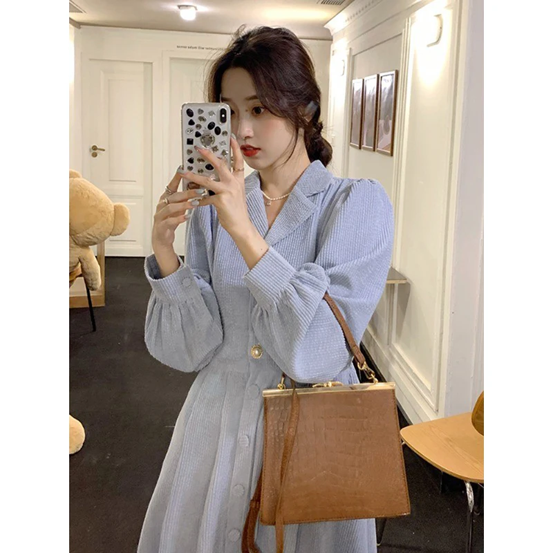 

Elegant Office Ladies Women Dress Long Sleeve Corduroy Solid Color Casual New Korean Fashion Vintage Girls Fall Midi Dress 2022