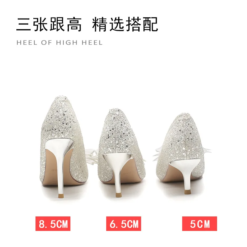 French Style High Heel Wedding Party Shoes with Rhinestone Butterfly Bow and Pointed Toe for Women's Elegance