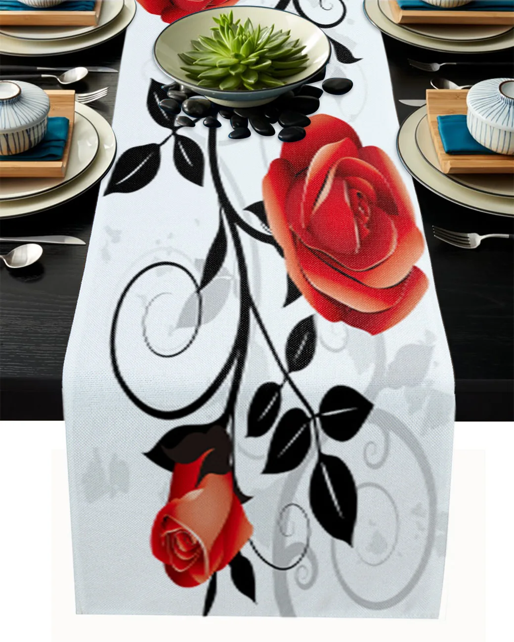 

Симметричная красная и черная роза, растительная лоза, Настольная дорожка, домашний декор для столовой, подставка под горку, свадебная Рождественская настольная дорожка