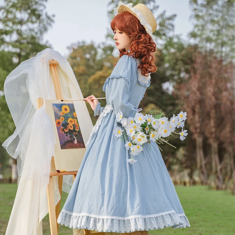 

Кружевное платье Лолита из хлопка с длинным рукавом, винтажное пасторальное платье с вышивкой в стиле девушки Мори, милое приталенное платье горничной, с бантом, для чайной вечеринки, весна-зима