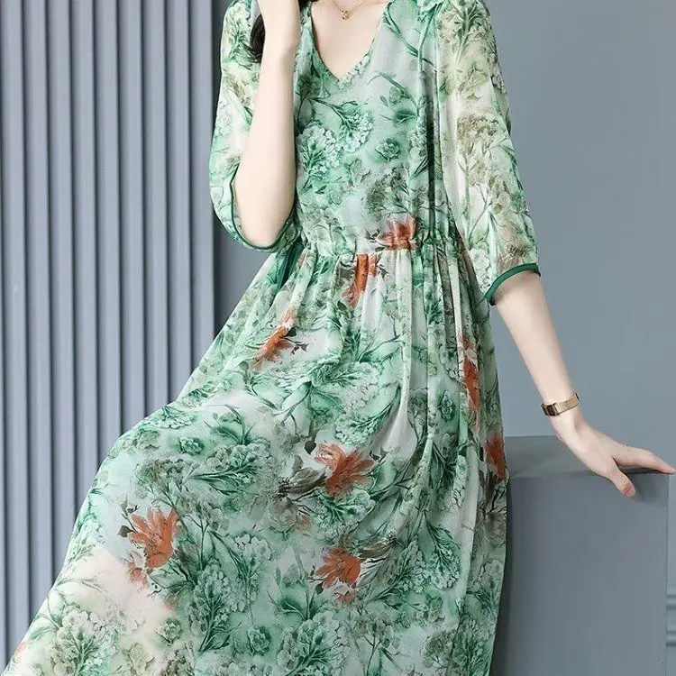 

Платье женское длинное с цветочным принтом, модное винтажное Элегантное повседневное, на шнуровке, с длинным рукавом, уличная одежда, V205, на лето