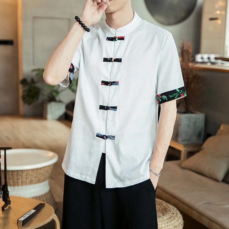 

2022 Men's Summer New Men's Chinese Style Buckle Linen Vintage Stand Collar Printed Short Sleeve Shirt