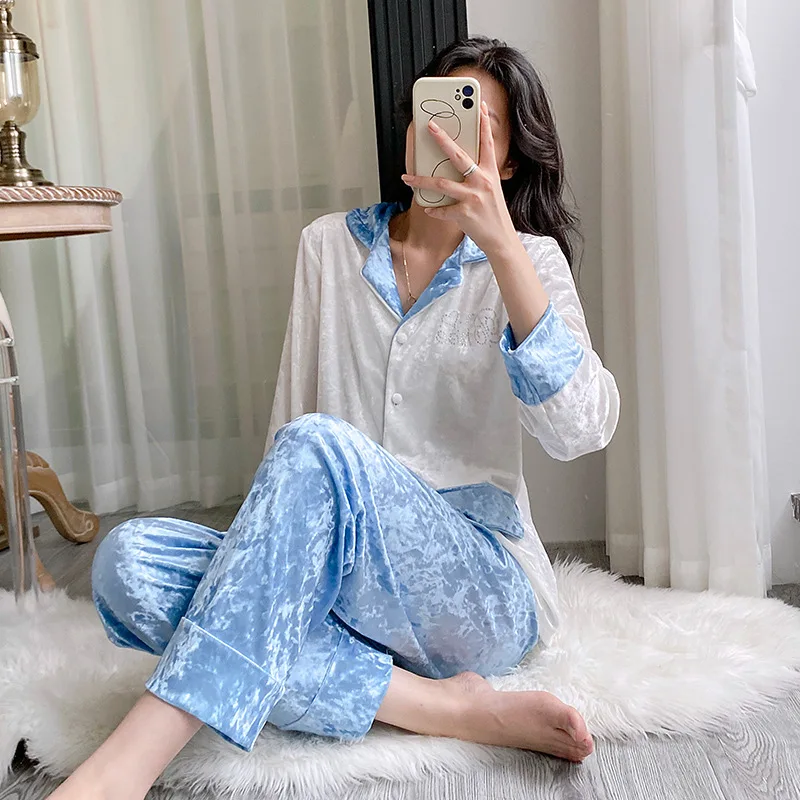 

Women's Casual Blue White Long Sleeve Shirt Pants Velvet Warm Homewear Female Velour Pajamas Sets