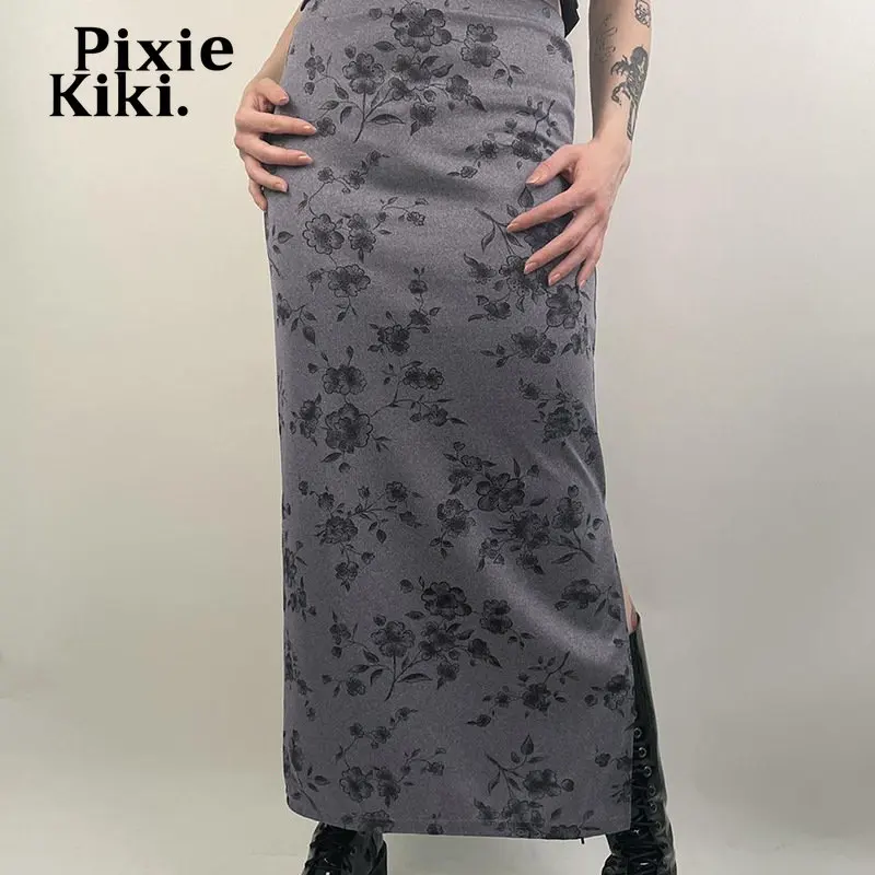 

Длинные юбки PixieKiki с высокой талией и разрезом для женщин, модная винтажная одежда, серая юбка с цветочным принтом