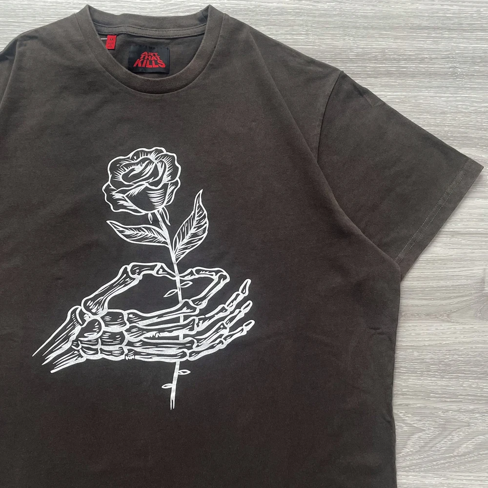 

Frog drift Streetwear Fashion Brand Vintage Black Loose Oversized Rose Graphics Summer Tee T shirt Tops For Men