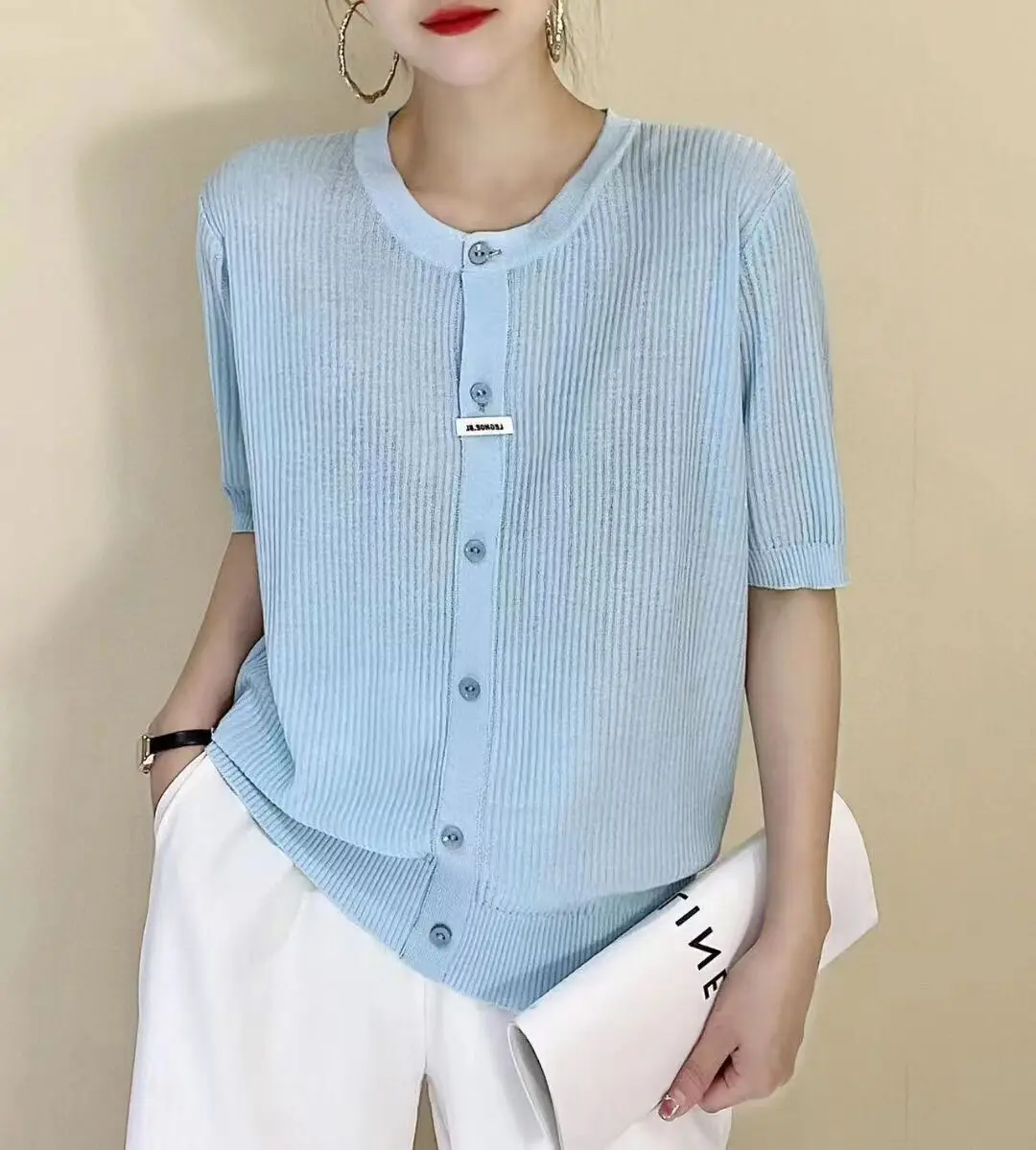 

Женский однобортный Кардиган из вискозы, прозрачная трикотажная верхняя одежда, тонкая трикотажная куртка с короткими рукавами, лето 2023