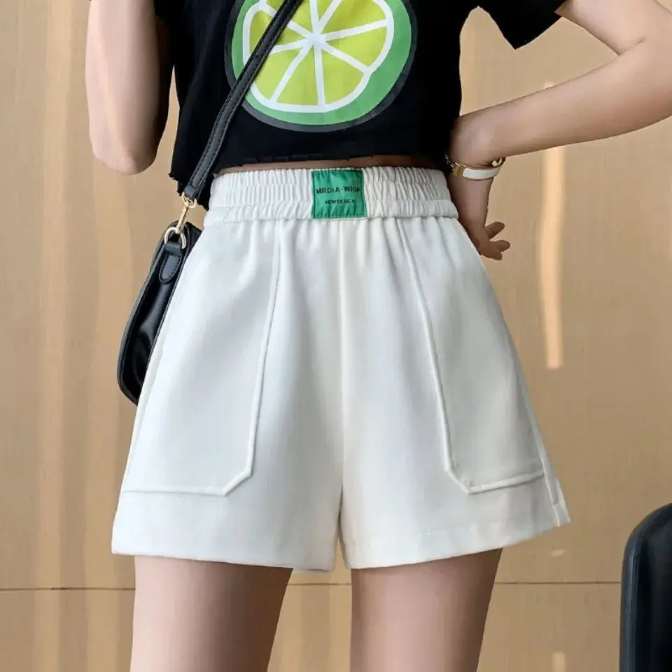 Women's Shorts With Pocket Summer Cotton Pure Color High Waist Hot Pants Casual Loose Sports Pants Elastic Waist Cycling Shorts