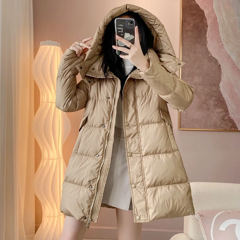 White Duck Down Jacket Winter Women High Quality Solid Long Single-breasted Elegance Warm Commute Belt Khaki Coat Jackets Parkas