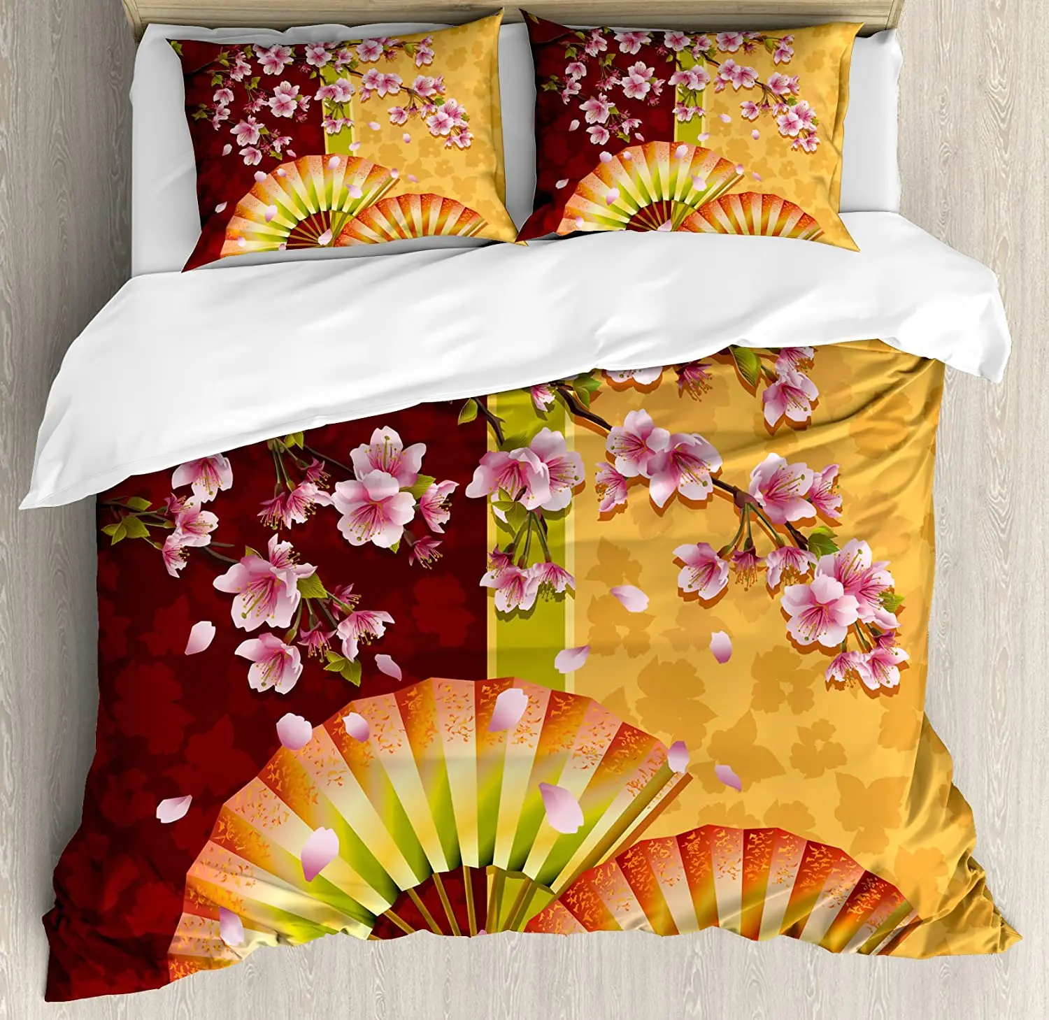 

Floral Bedding Set Comforter Duvet Cover Pillow Shams Sakura Blooms with Japanese Hand Fan Figures Bedding Cover Double Bed Set