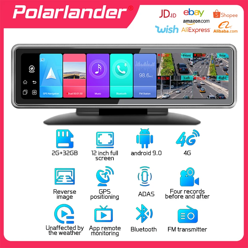 

Car Driving Recorder Quad 2+32G 360° Night Vision 4G Internet IPS Touch Screen 1080P 12-inch Four-Record GPS Navigation ADAS