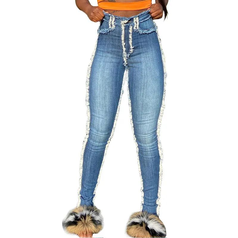 Женские Белые Шерстяные однотонные джинсы с бахромой привлекательные лоскутные