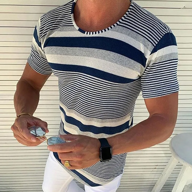Men's Fit Short Sleeve Striped Knit Slim Fit Round Neck Wool T-shirt Top