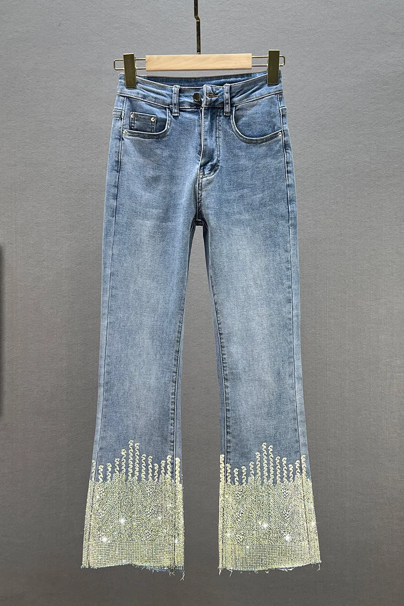 Heavy Hot Drilling Jeans Women's New Spring Summer Clothing High Waisted Jean for Woman Slim Bootcut Trousers Ladies Denim Pants