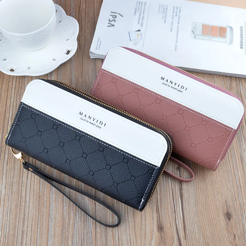 Double Zipper Women Wallet PU Leather Card Holder Long Female Color Matching Lady Cellphone Bag