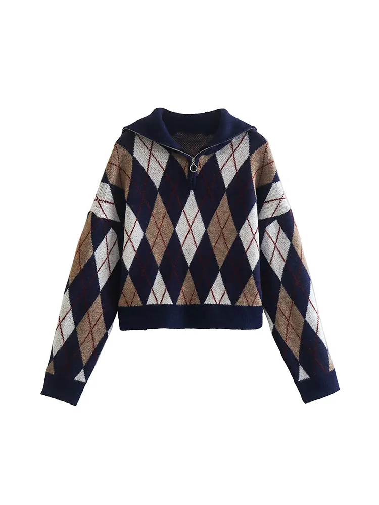 

BM&MD&ZA Women 2022 Autumn New Fashion Rhombic lattice Lapel Knitted Sweater Vintage Long Sleeve Female Pullovers Chic Tops