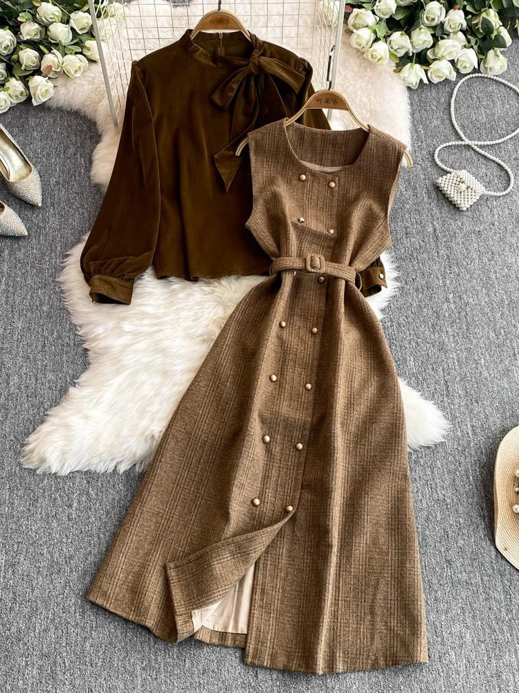 EWQ Рубашка с длинными рукавами во французском стиле и толстые клетчатые платья на