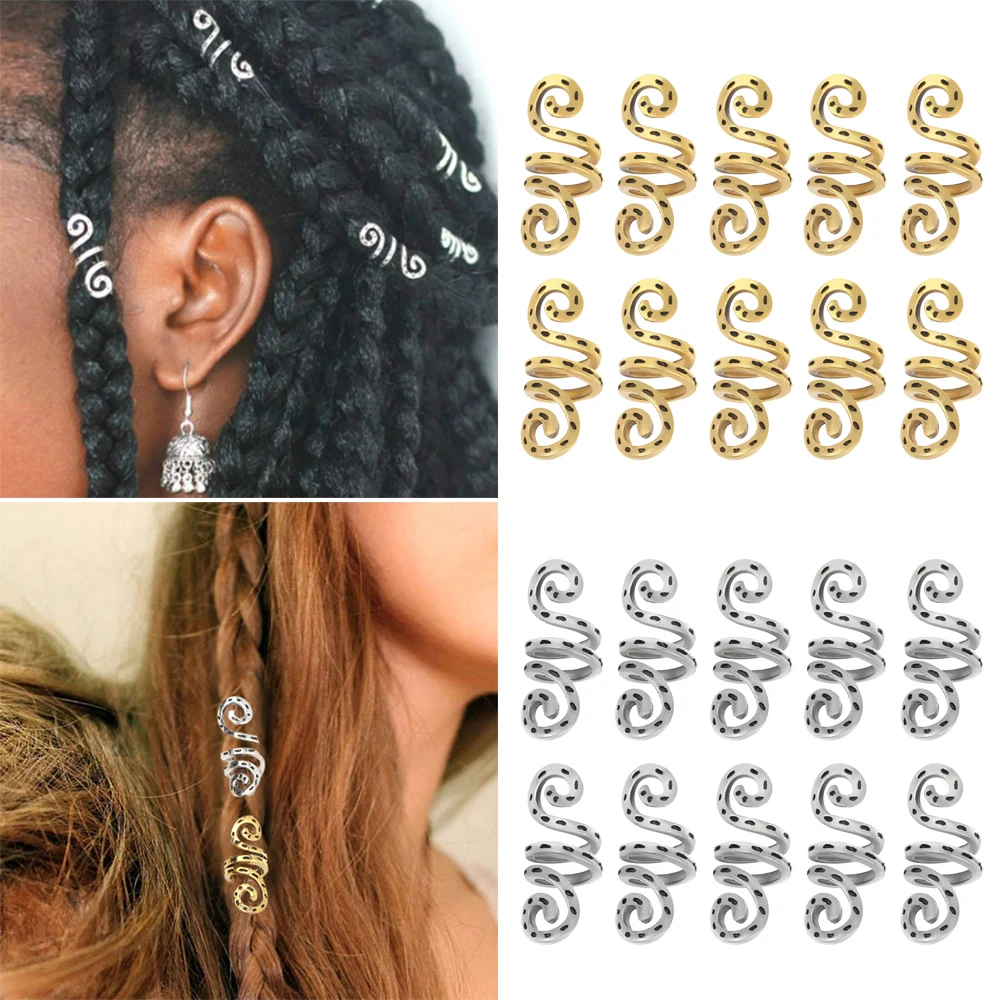 

10Pcs Alloy Tube Dreadlock Clips Hair Braid Bead Vintage Gold And Silver Braided Spiral Wig Beads Hair Ring Charms Accessories