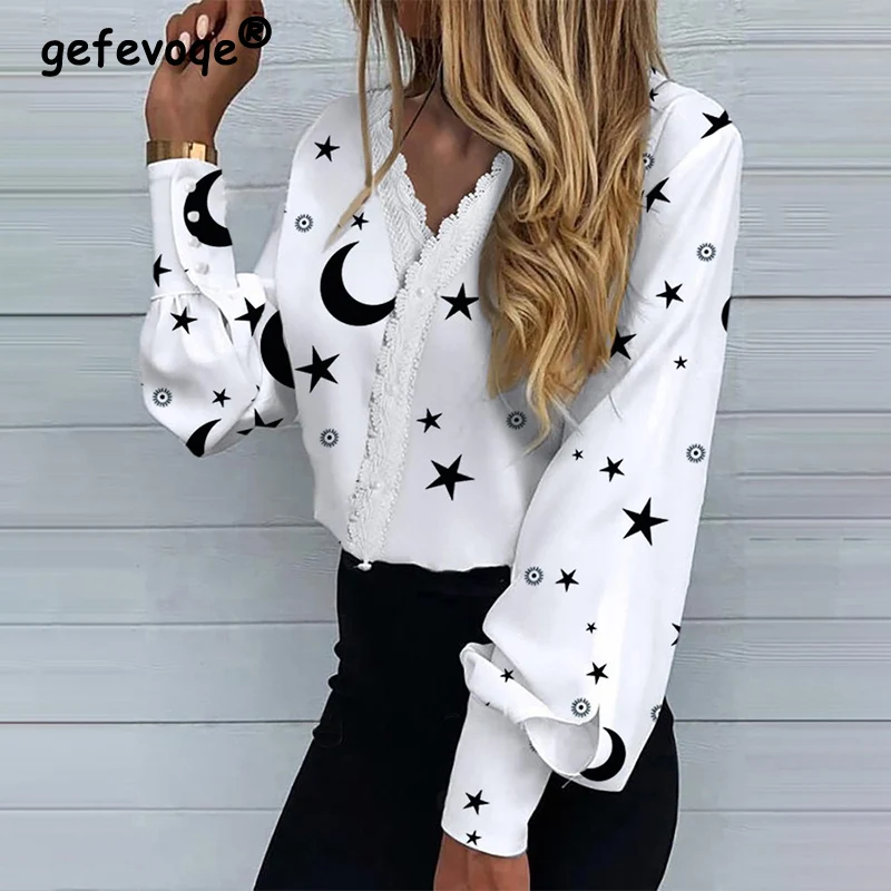 

Casual Fashion Sexy Print Solid Lace Patchwork Shirt Spring 2022 New Streetwear V-Neck Long Sleeve Cardigan Top Women's Clothing