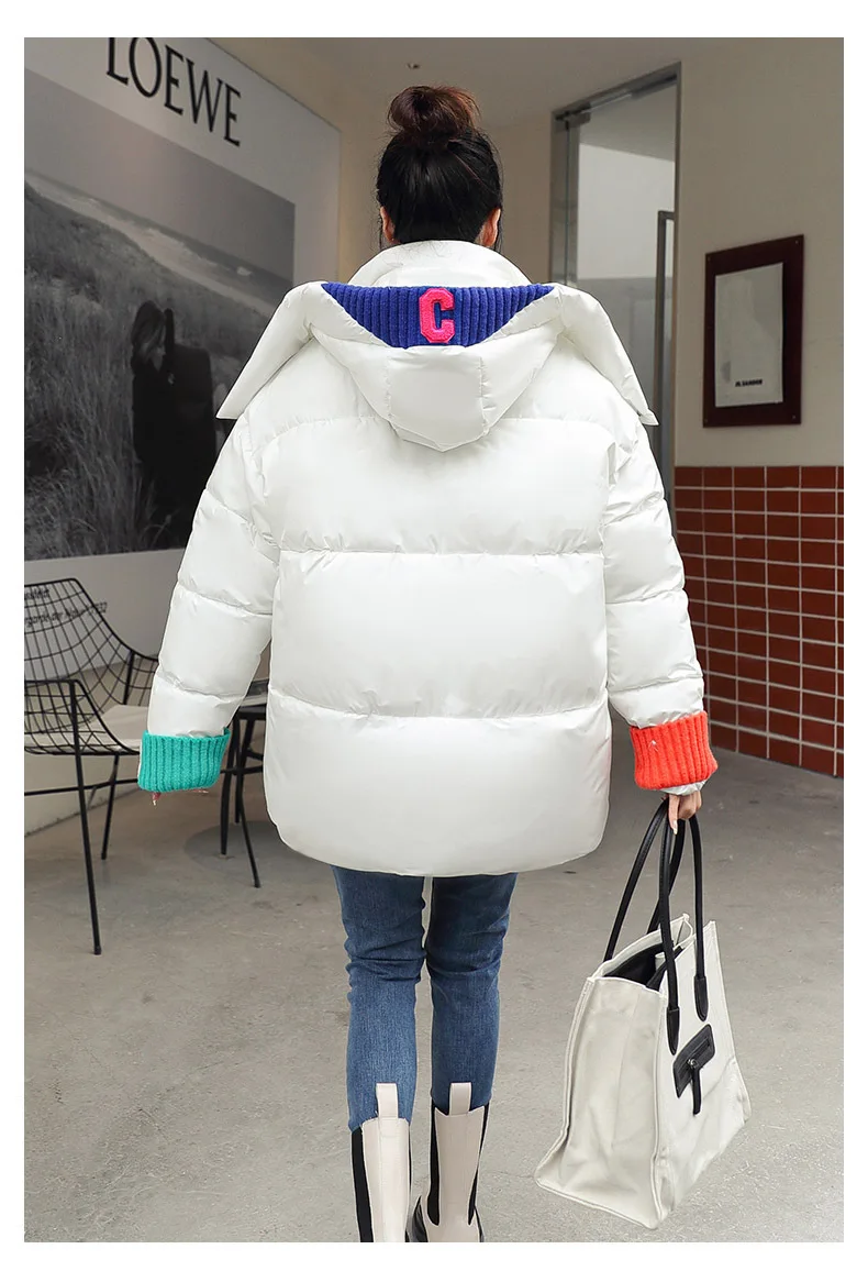 2022 Winter New Cotton Clothing Women's Hooded Student Thickening Short Loose Fashion Knitted Letter Color Matching Coat