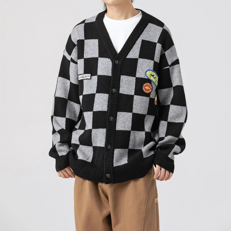 Кардиган в стиле Харадзюку для мужчин и женщин свитеры клетку с V-образным