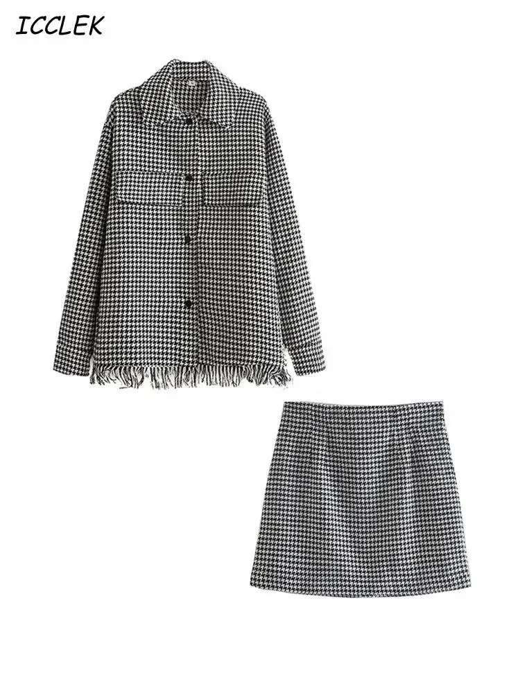 Women Shirts Oversize Houndstooth Jacket coats With Pocket Female Vintage Plaid Jacket Spring Tassel Coat TRF Mujer 2021 New