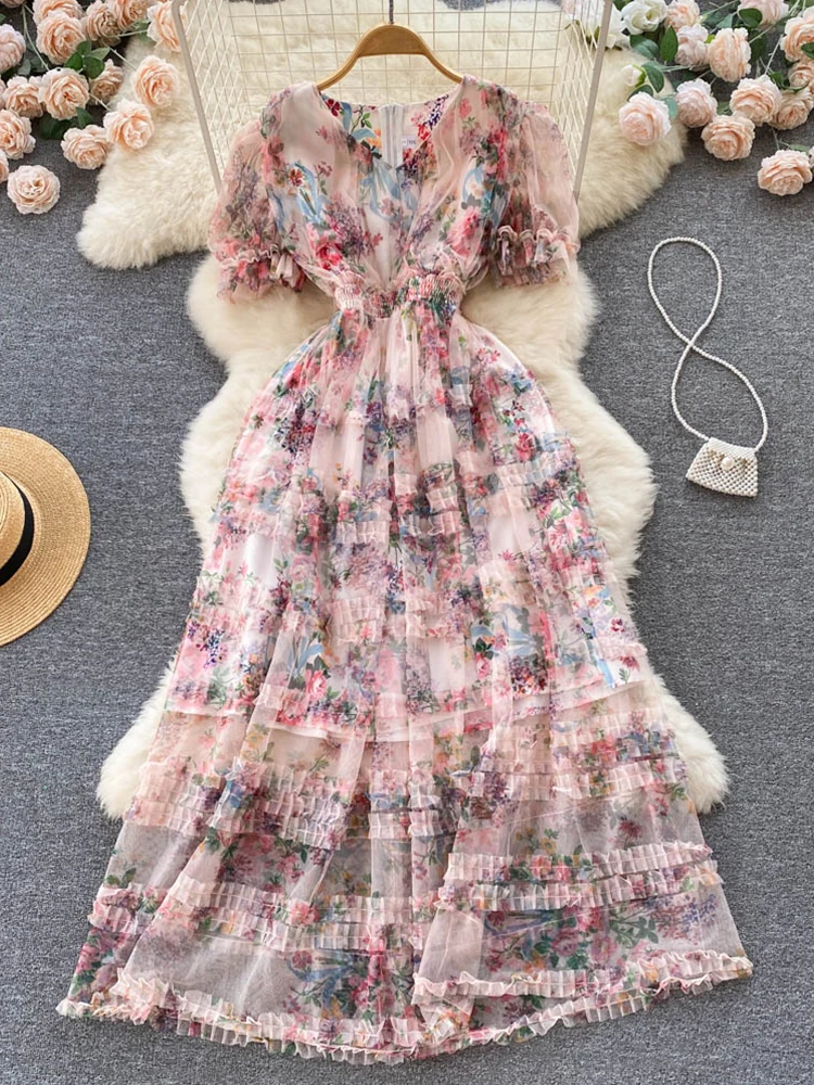 

FTLZZ Summer Elegant V-neck Puff Sleeve Ruffled Midi Dress Casual Lady Floral Print Dress Lace Mesh Empire Slim Cake Dress
