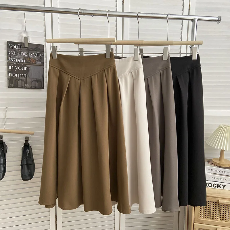 

Spring Pleated Skirts High Waist Jupe Mujer Faldas Zipper Fly Plain A-Line Long Skirt Black Casual Women Clothes Dropshipping