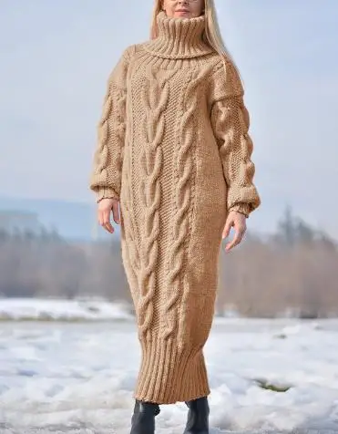 

Новое зимнее женское Однотонное шерстяное вязаное длинное платье водолазка Повседневный Свободный пуловер с длинным рукавом свитер вязаные платья