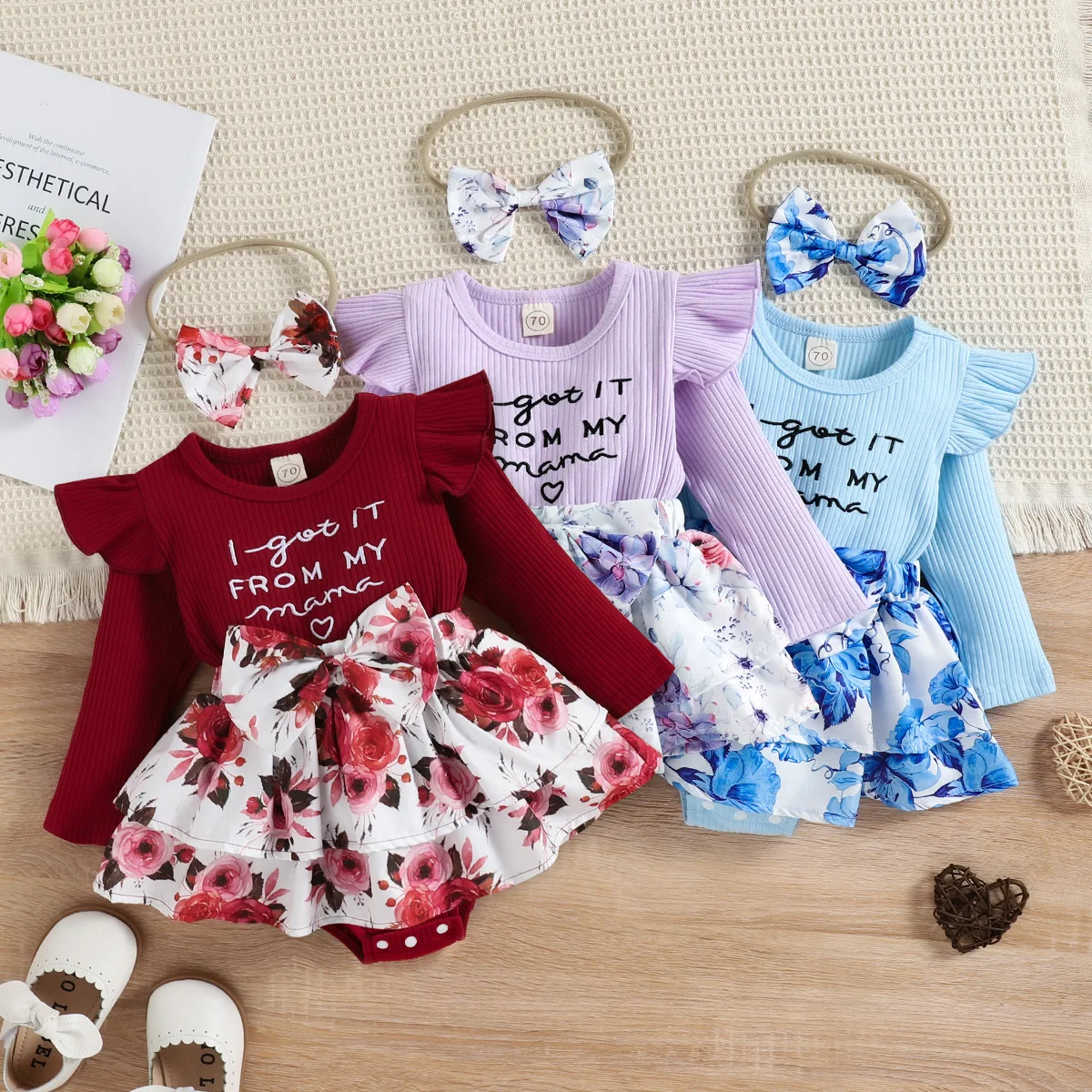 Infant Baby Girl Fall Outfits Long Sleeve Embroidered Letter-Printed Skirt Newborn Toddler Baby Girl Romper Sister Outfit 0-24M